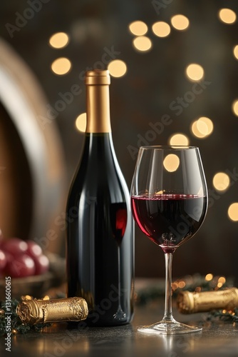 Wallpaper Mural Close up of a corked bottle of red wine with a glass of wine beside it, set against the backdrop of holiday lights and decorations. Torontodigital.ca