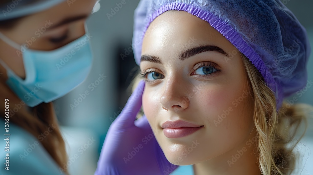 Medical expert preparing a client for a minimally invasive beauty treatment, safe care, trusted hands Medical expert preparing a client for a minimally invasive beauty treatment, safe care, trusted hands