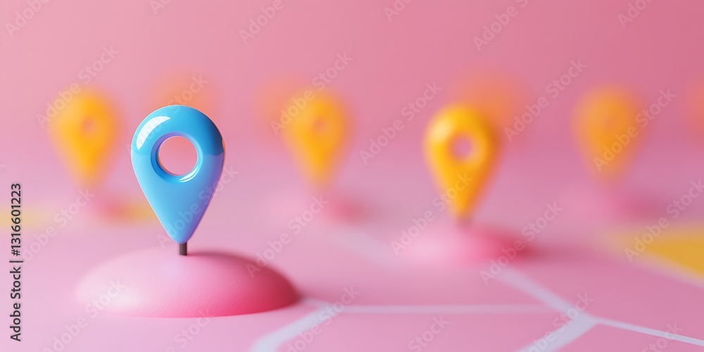 a blue and yellow pin on a pink surface a blue and yellow pin on a pink surface