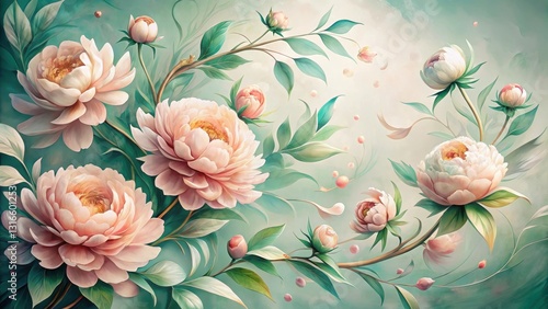 Serene Pastel Peonies in a Whimsical Floral Arrangement Featuring Delicate Blooms and Lush Greenery on a Soft Teal Background