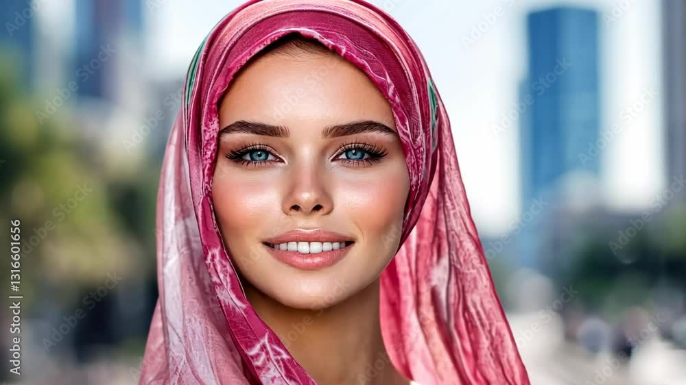 close up face portrait a woman with happy cheerful vibes, pretty Muslim woman wearing pink Hijab looking at camera with confident at modern city street close up face portrait a woman with happy cheerful vibes, pretty Muslim woman wearing pink Hijab looking at camera with confident at modern city street