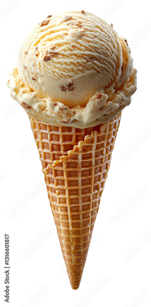 New York Cheesecake Ice Cream in Waffle Cone with Graham Cracker Swirls, isolated with transparent background New York Cheesecake Ice Cream in Waffle Cone with Graham Cracker Swirls, isolated with transparent background