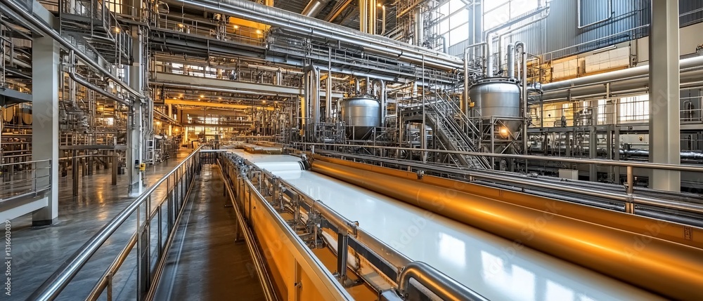 Fototapeta premium Milk processing plant conveyor belt transporting liquid in modern factory interior
