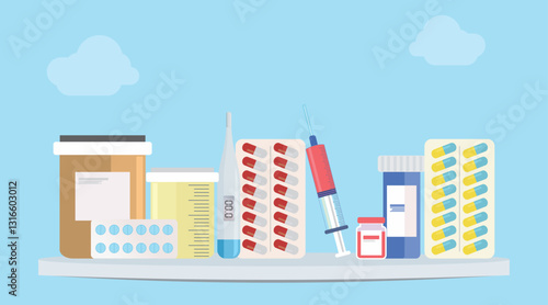 Vector modern flat style collection of medicine and drug pills set