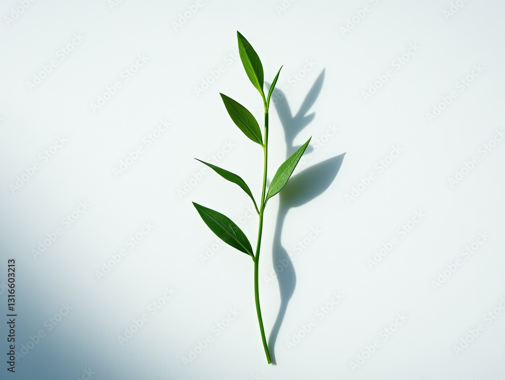 Fototapeta premium Botanical simplicity, A slender sprig casts shadow on serene white surface