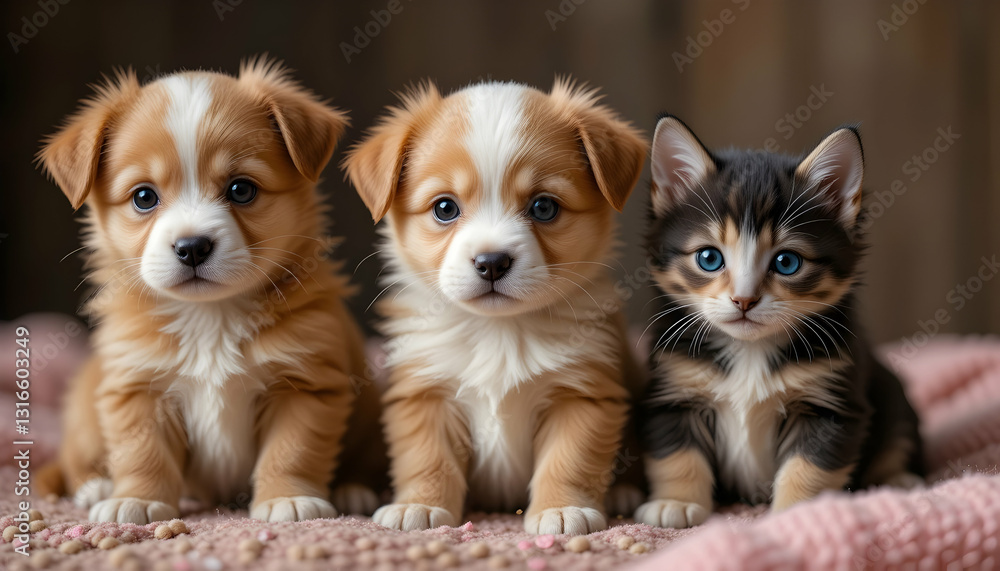 Puppies and Kitten Together Sitting on Pink Blanket Charming Portrait Puppies and Kitten Together Sitting on Pink Blanket Charming Portrait