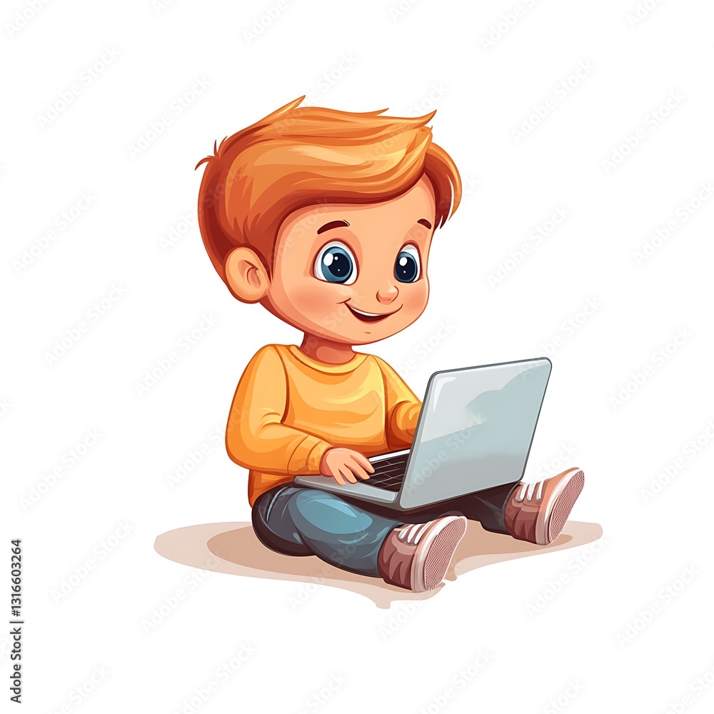 Cute Cartoon Boy Using Laptop Computer, Happy Child Online Learning Illustration Cute Cartoon Boy Using Laptop Computer, Happy Child Online Learning Illustration