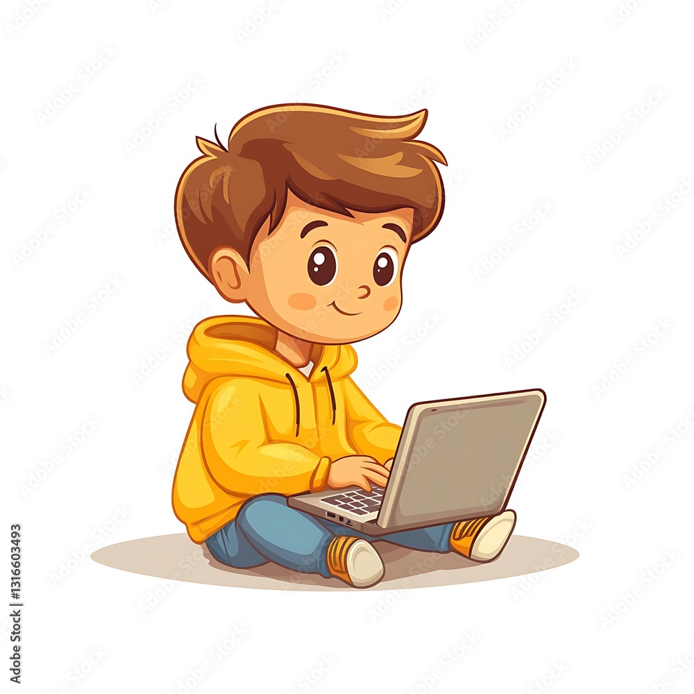 Cute Cartoon Boy Using Laptop, Child Technology, Digital Learning Illustration Cute Cartoon Boy Using Laptop, Child Technology, Digital Learning Illustration
