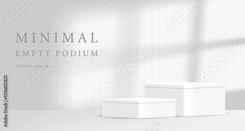 Abstract white 3D room with realistic white cylinder pedestal podium set and window shadow overlay. Minimal scene for product display presentation. Vector mock up geometric forms. Stage for showcase.