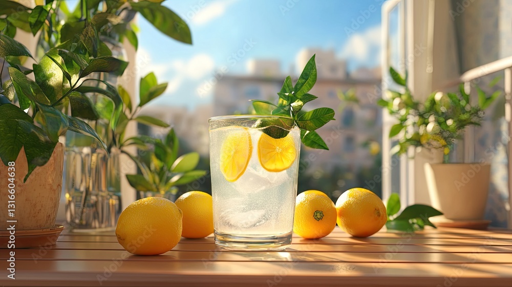 Fototapeta premium Refreshing Lemonade Drink with Fresh Lemons on Sunny Table