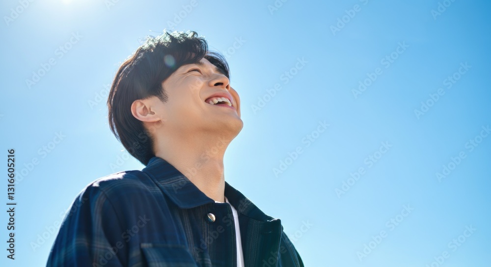 Young asian male smiling under clear blue sky on a sunny day Young asian male smiling under clear blue sky on a sunny day