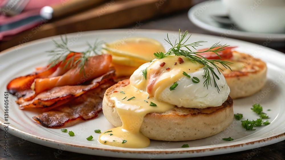 Eggs Benedict with Golden Poached Egg on a Plate Eggs Benedict with Golden Poached Egg on a Plate