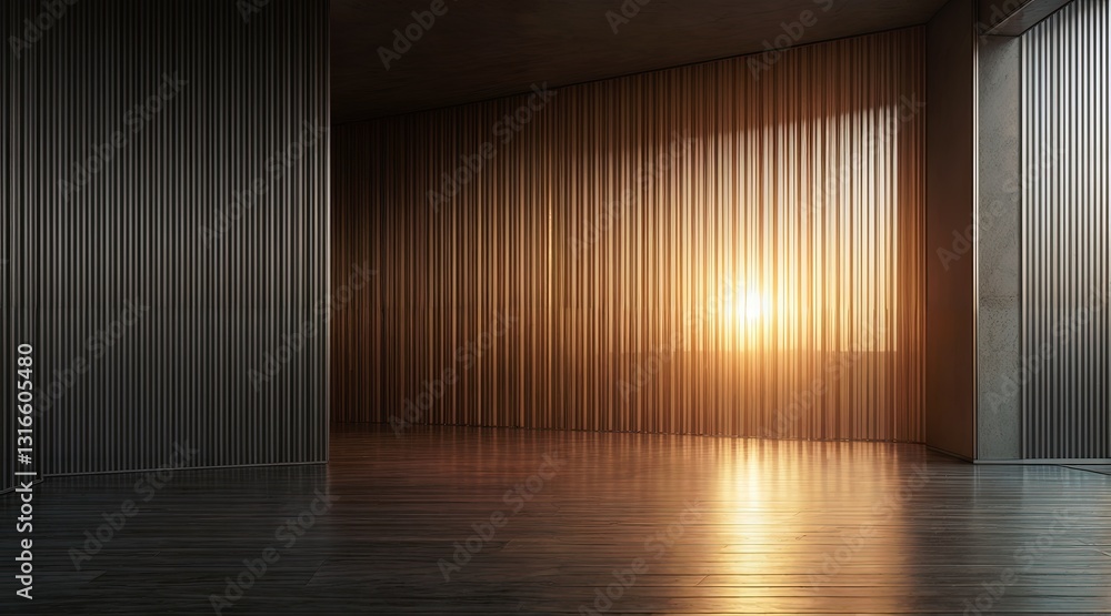 Contemporary interior with corrugated metal wall panels, interplay of dark gray, gold, and warm sunset light reflections on a dark wooden floor, modern industrial architectural design
Contemporary interior with corrugated metal wall panels, interplay of dark gray, gold, and warm sunset light reflections on a dark wooden floor, modern industrial architectural design