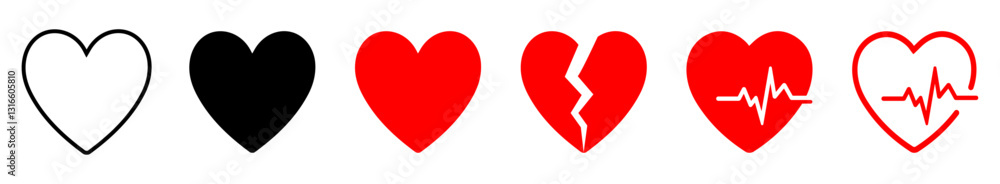 Set of heart icons outline, filled, broken, and heartbeat styles. Perfect for love, health, medical, dating, heartbreak, and cardiology themes in web, app, and graphic design. Set of heart icons outline, filled, broken, and heartbeat styles. Perfect for love, health, medical, dating, heartbreak, and cardiology themes in web, app, and graphic design.
