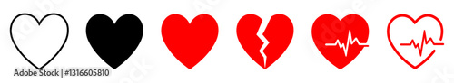 Set of heart icons outline, filled, broken, and heartbeat styles. Perfect for love, health, medical, dating, heartbreak, and cardiology themes in web, app, and graphic design.