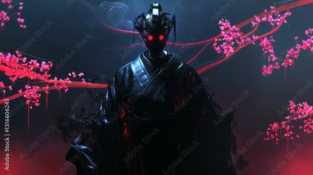 Fototapeta premium Futuristic Cybernetic Figure in Kimono Surrounded by Cherry Blossoms
