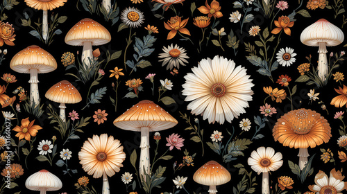 A pattern of mushrooms and flowers on a black background. , seamless natural background.