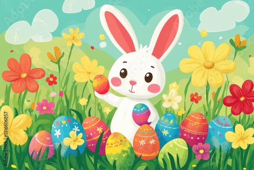 A white rabbit celebrates springtime with decorated Easter eggs and flowers