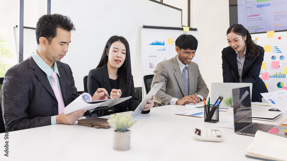 Group of business people working together with dashboard analysis and data management a meeting table in office. Group of business people working together with dashboard analysis and data management a meeting table in office.