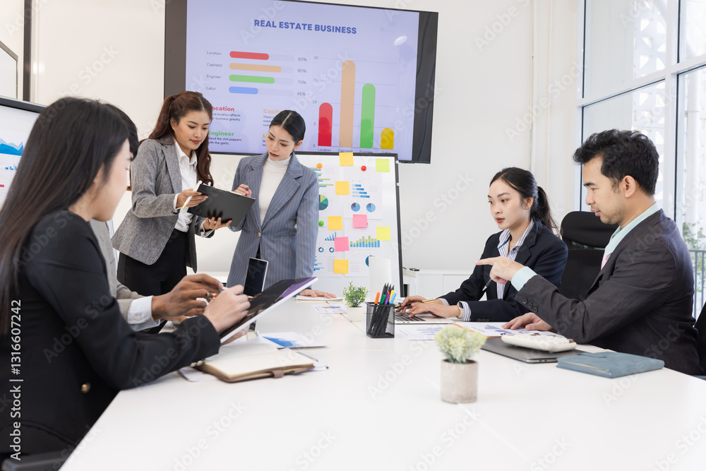 Fototapeta premium Group of business people working together with dashboard analysis and data management a meeting table in office.