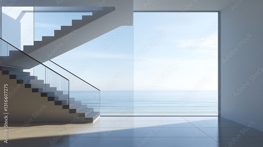 Obraz premium Modern staircase ascending to a vast ocean view through large window, bright interior