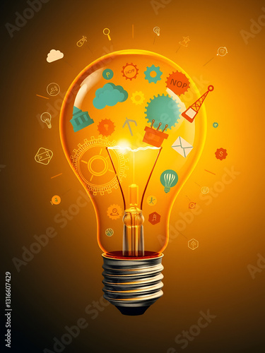 Light bulb filled with gears and icons representing innovative ideas and creativity.