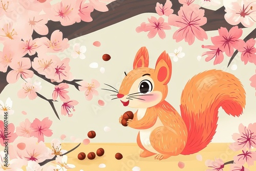 The happy squirrel collects nuts under blossoming springtime cherry trees