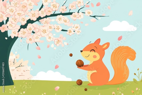 A happy squirrel gathering nuts under a blossoming tree