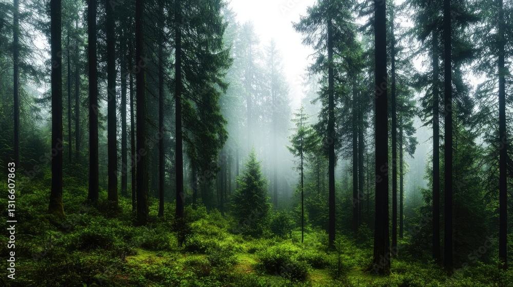 Misty Forest Landscape with Tall Trees and Lush Green Underbrush Misty Forest Landscape with Tall Trees and Lush Green Underbrush