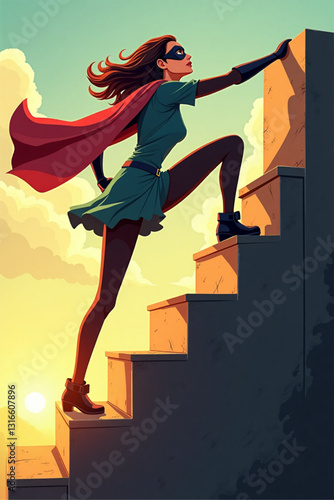 Determined Superheroine Climbing Success Staircase to Reach Her Ambitious Goals