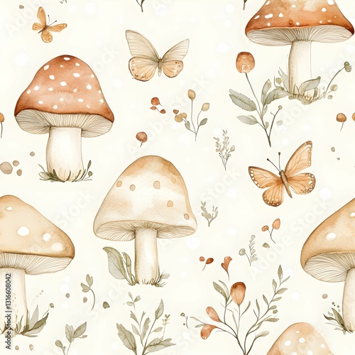 Seamless watercolor mushrooms pattern
