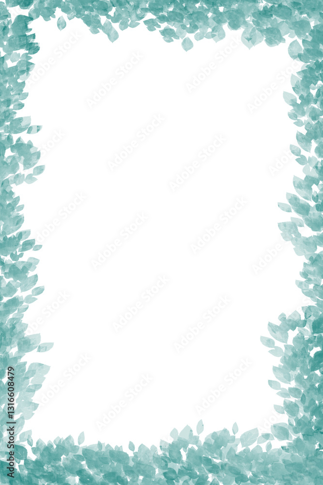 Watercolor spring frame of turquoise leaves on a white background. Ideal for invitations, holiday design, wedding cards, branding, backgrounds, and environmental projects. Copy space. Boho style Watercolor spring frame of turquoise leaves on a white background. Ideal for invitations, holiday design, wedding cards, branding, backgrounds, and environmental projects. Copy space. Boho style