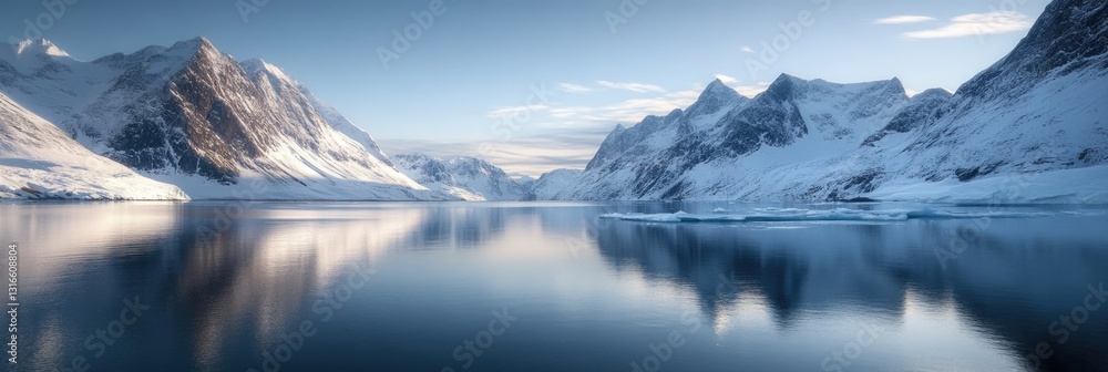 Obraz premium Beautiful alpine landscape featuring a tranquil lake at the base of snowy mountains.