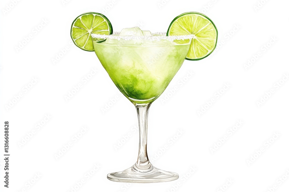 A refreshing green cocktail garnished with lime slices, served in a stylish glass, perfect for summer enjoyment. A refreshing green cocktail garnished with lime slices, served in a stylish glass, perfect for summer enjoyment.