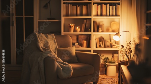 Cozy Reading Nook: Armchair with Blanket, Bookshelf, Lamp, and Warm Lighting for Relaxation and Home Comfort Atmosphere Inspiration.