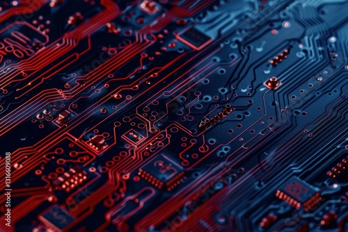 A close up of a circuit board with red and blue components