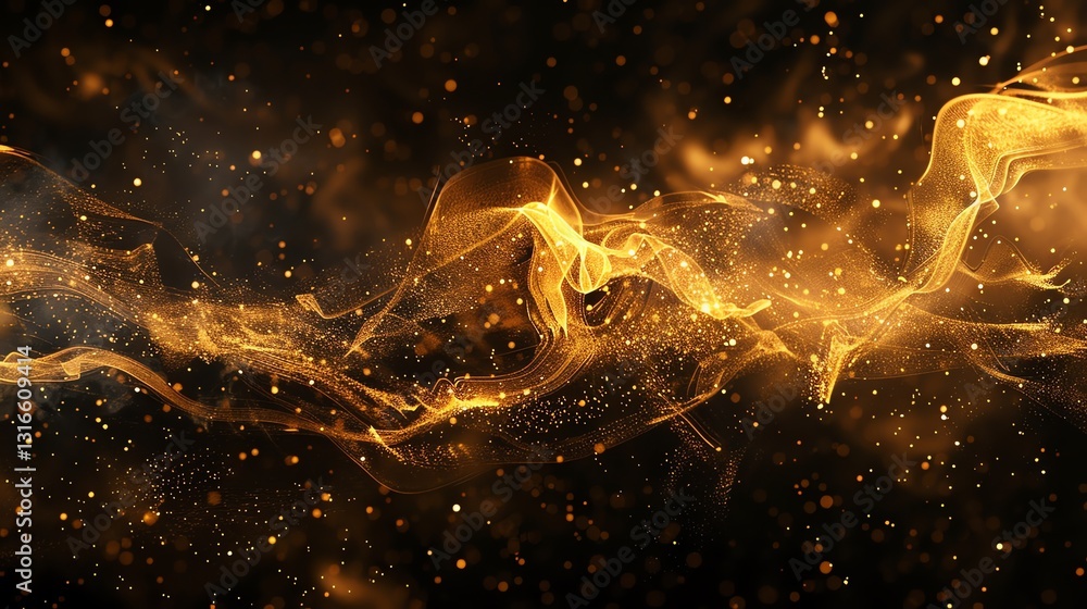 Naklejka premium Abstract golden particles swirling on a dark background.