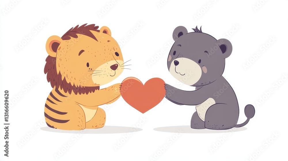 A friendly tiger and bear holding a red heart together A friendly tiger and bear holding a red heart together