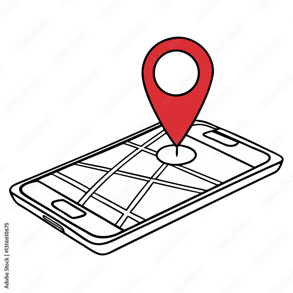Fototapeta premium Smartphone with red location pin on map screen, line art illustration, navigation concept, copy space