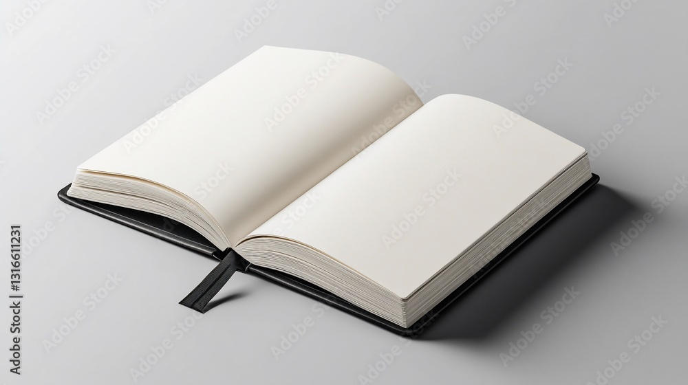 Open blank notebook on gray surface, showcasing empty pages and a black bookmark Open blank notebook on gray surface, showcasing empty pages and a black bookmark