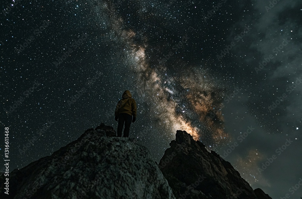Stargazing Silhouette: A lone figure stands on a rocky peak, gazing at a vibrant Milky Way galaxy, evoking a sense of wonder and solitude under the vast cosmic canvas. Stargazing Silhouette: A lone figure stands on a rocky peak, gazing at a vibrant Milky Way galaxy, evoking a sense of wonder and solitude under the vast cosmic canvas.
