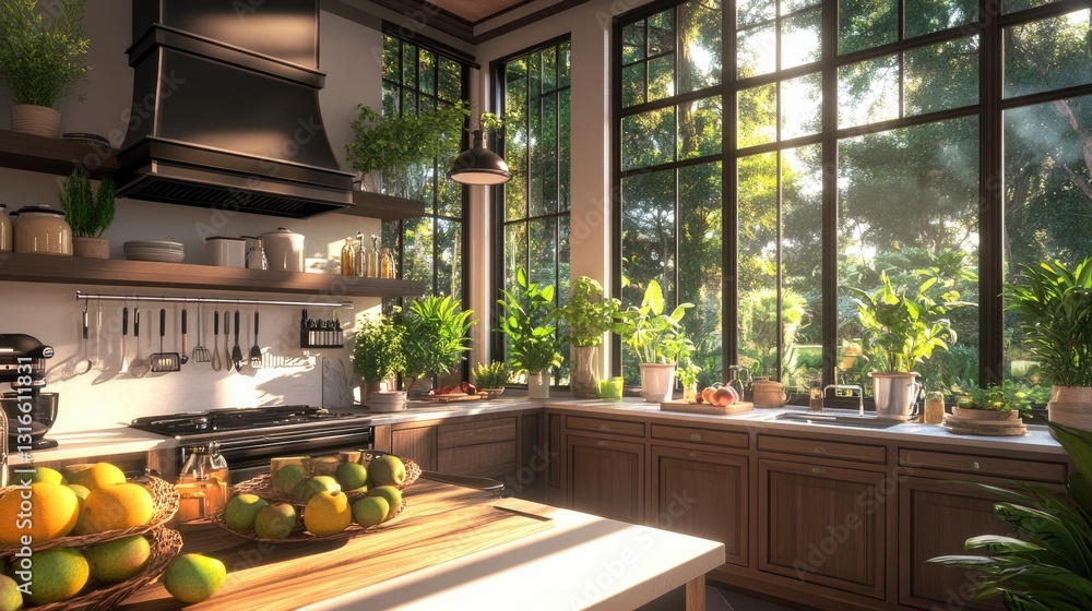Fototapeta premium Bright and Airy Kitchen with Abundant Natural Light and Greenery