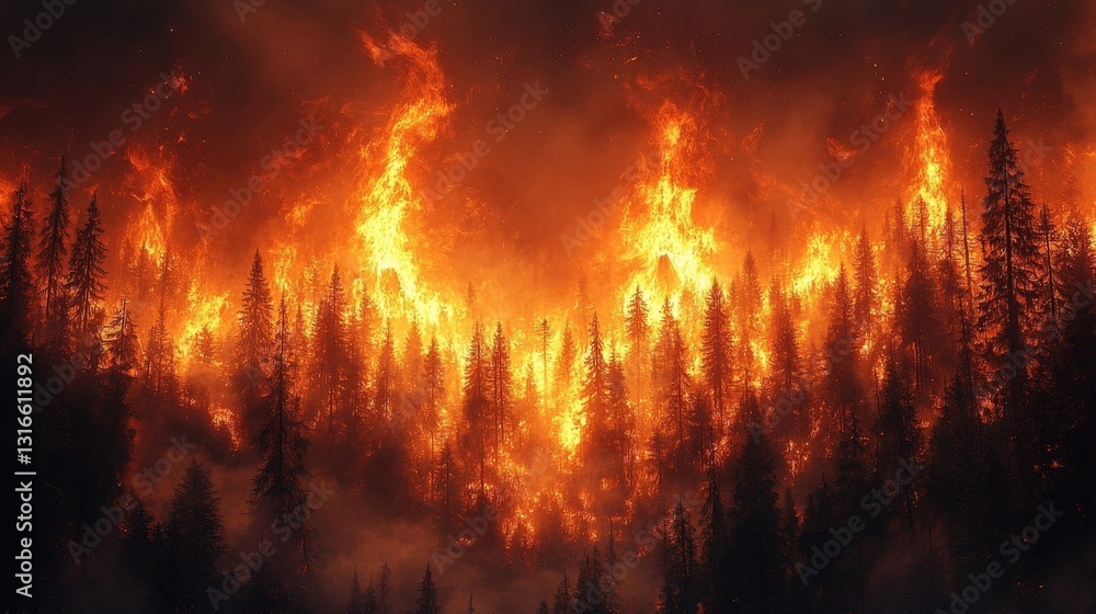 Forest wildfire over trees blazing with fire, in a night scene, nightscape under an auro of Forest wildfire over trees blazing with fire, in a night scene, nightscape under an auro of