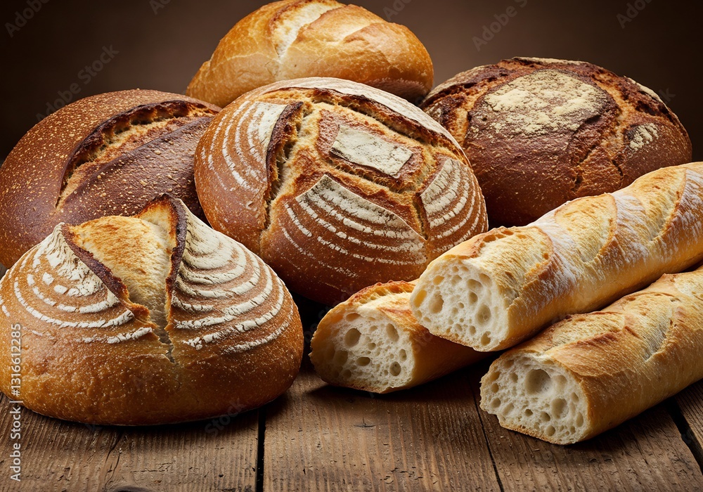 Artisan Breads Golden Light Rustic Table. AI Generated Artisan Breads Golden Light Rustic Table. AI Generated