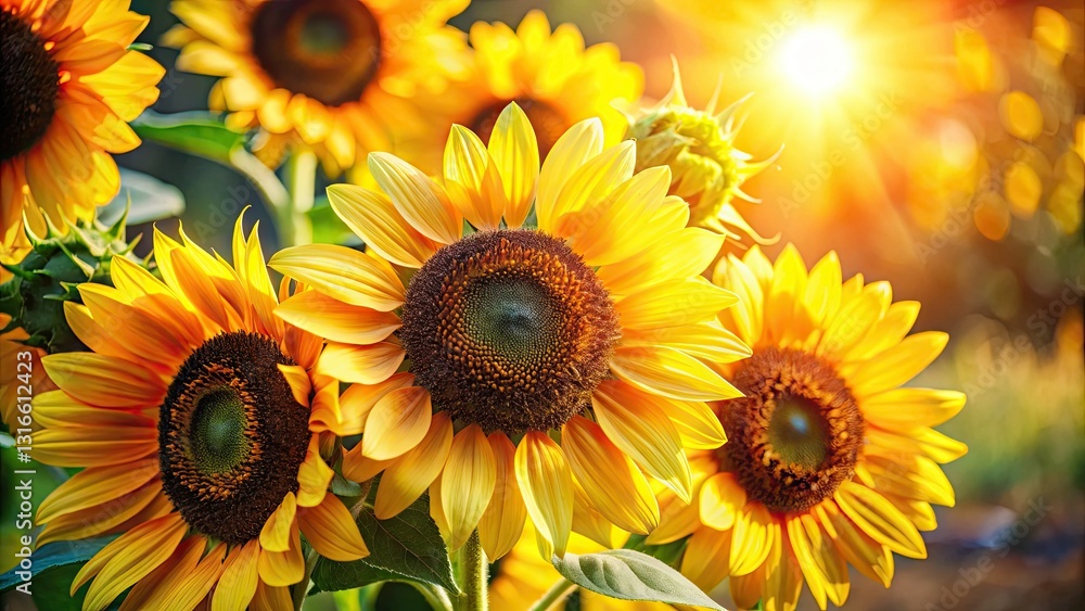 Fototapeta premium Close-up of a vibrant sunflower bouquet, radiating summer sunshine.