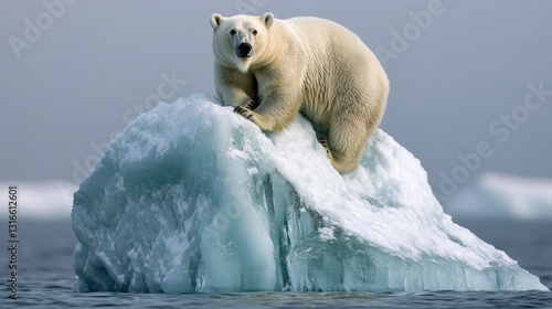 A large white polar bear ascending a frozen iceberg in the Arctic sea. The image highlights the majestic and vulnerable species that depend on the rapidly changing environment.