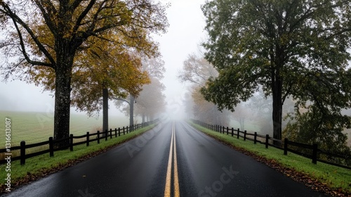 Serene Country Road Surrounded by Fog and Autumn Trees