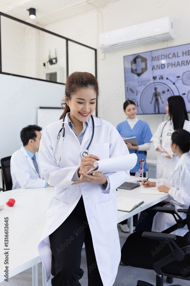 Fototapeta premium female doctor holding clipboard and stethoscope in hospital, Healthcare and medical concept.