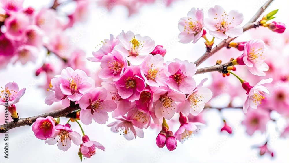 Obraz premium Delicate pink cherry blossoms burst forth against a stark white backdrop, capturing the fleeting beauty of spring's urban bloom.