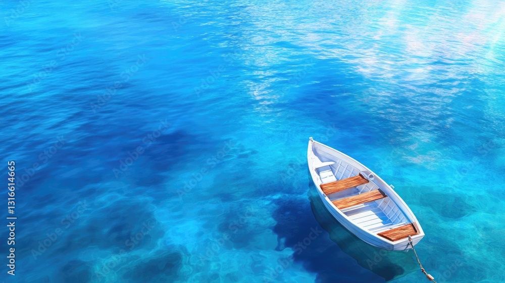 Tranquil Blue Waters with a Small Boat Floating in Calm Ocean Tranquil Blue Waters with a Small Boat Floating in Calm Ocean